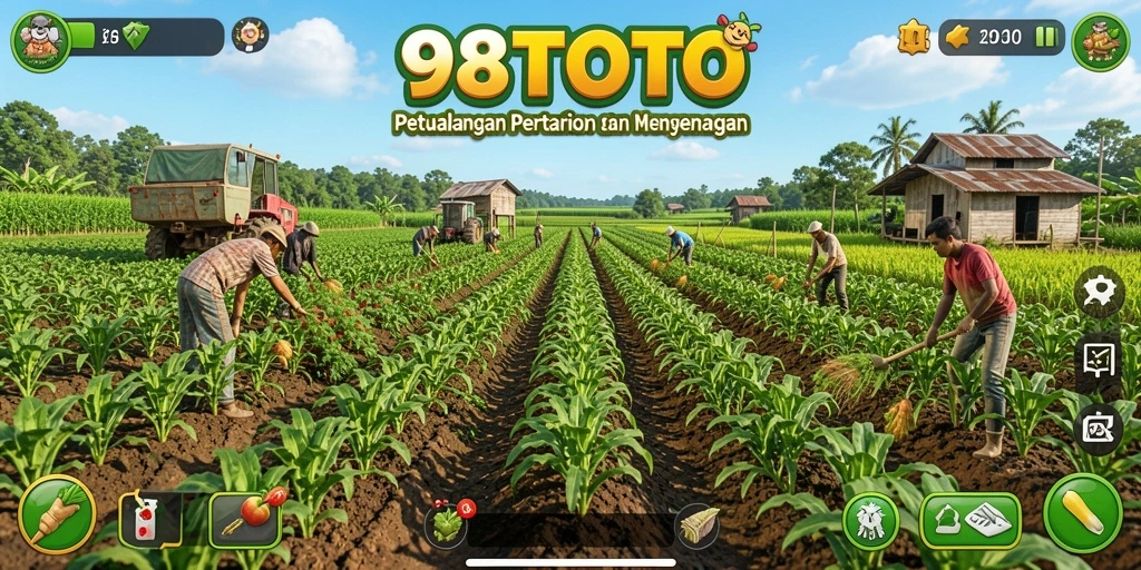 Screenshot gameplay 98TOTO menampilkan ladang dengan tanaman subur.