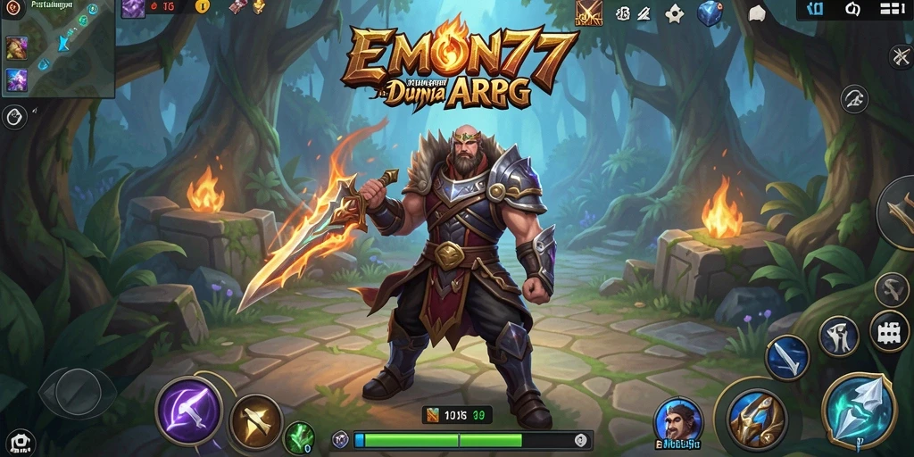 Tampilan gameplay EMON77 dengan karakter epik dan pertarungan mendebarkan.