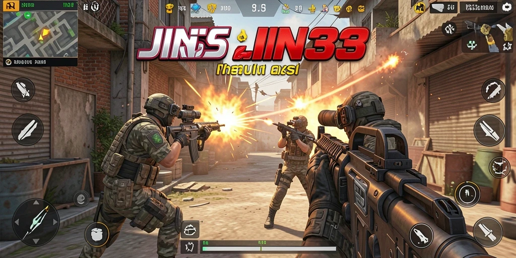 Tampilan gameplay menegangkan di JIN33 dengan aksi tembak-menembak.