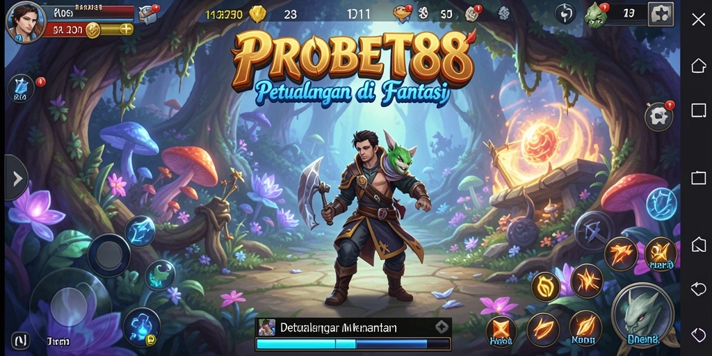 Screenshot gameplay PROBET88 menampilkan karakter berpetualang di dunia fantastis.