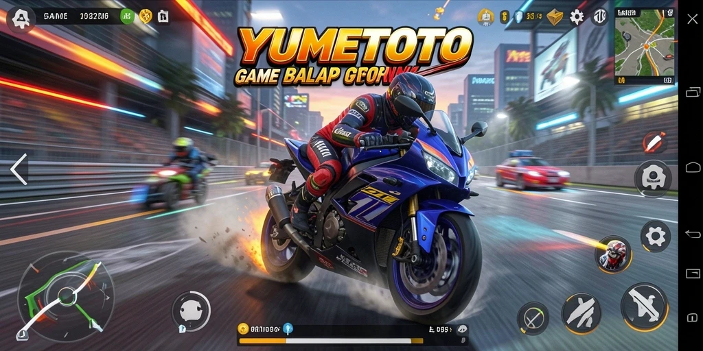Tampilan gameplay YUMETOTO dengan balapan motor yang menegangkan.
